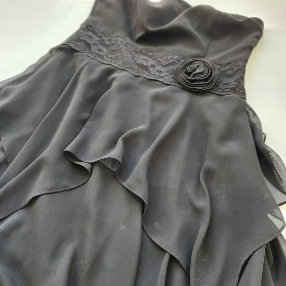 Liz Claiborne black Strapless Chiffon Dress Lace Rose Fairy Whimsigoth Dark Boho - Picture 9 of 15